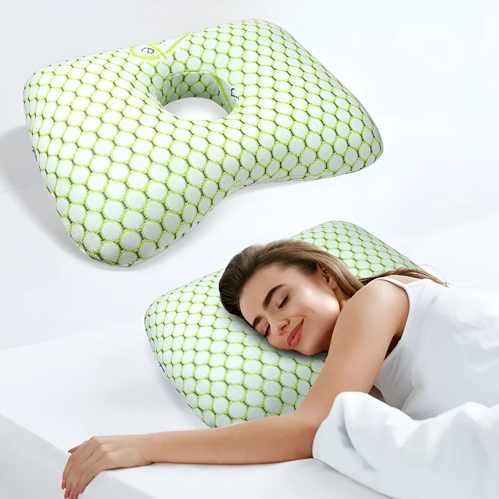 Beauty salon single hole ear pillow with detachable cover in grey, shown next to a towel.