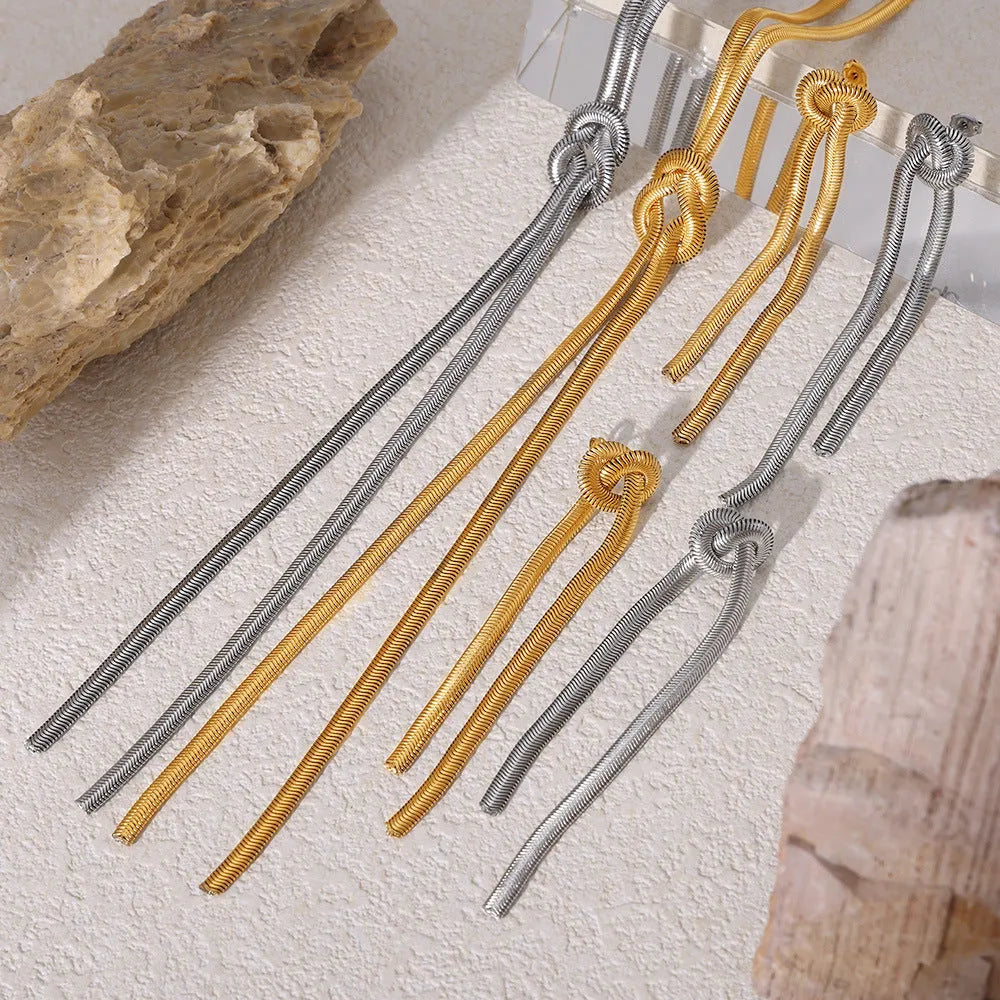 Gold knotted tassel snake chain long necklace with matching titanium steel earrings set