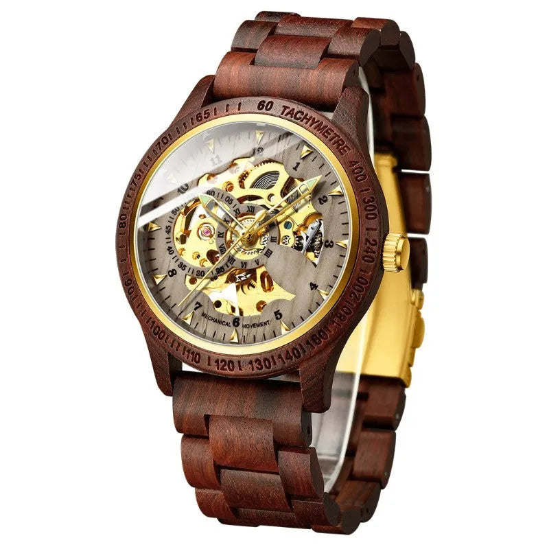 Men's sandalwood automatic mechanical watch with 44 mm wood and alloy case and leather strap