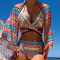Women's retro ethnic style bikini with split cross strap top in blue colour