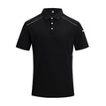 Men's solid colour short sleeve polo shirt in a lightweight fabric, shown in classic black, on a hanger.