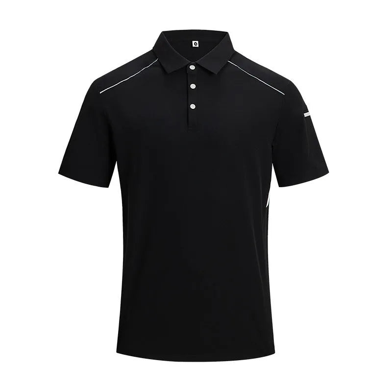 Men's solid colour short sleeve polo shirt in a lightweight fabric, shown in classic black, on a hanger.