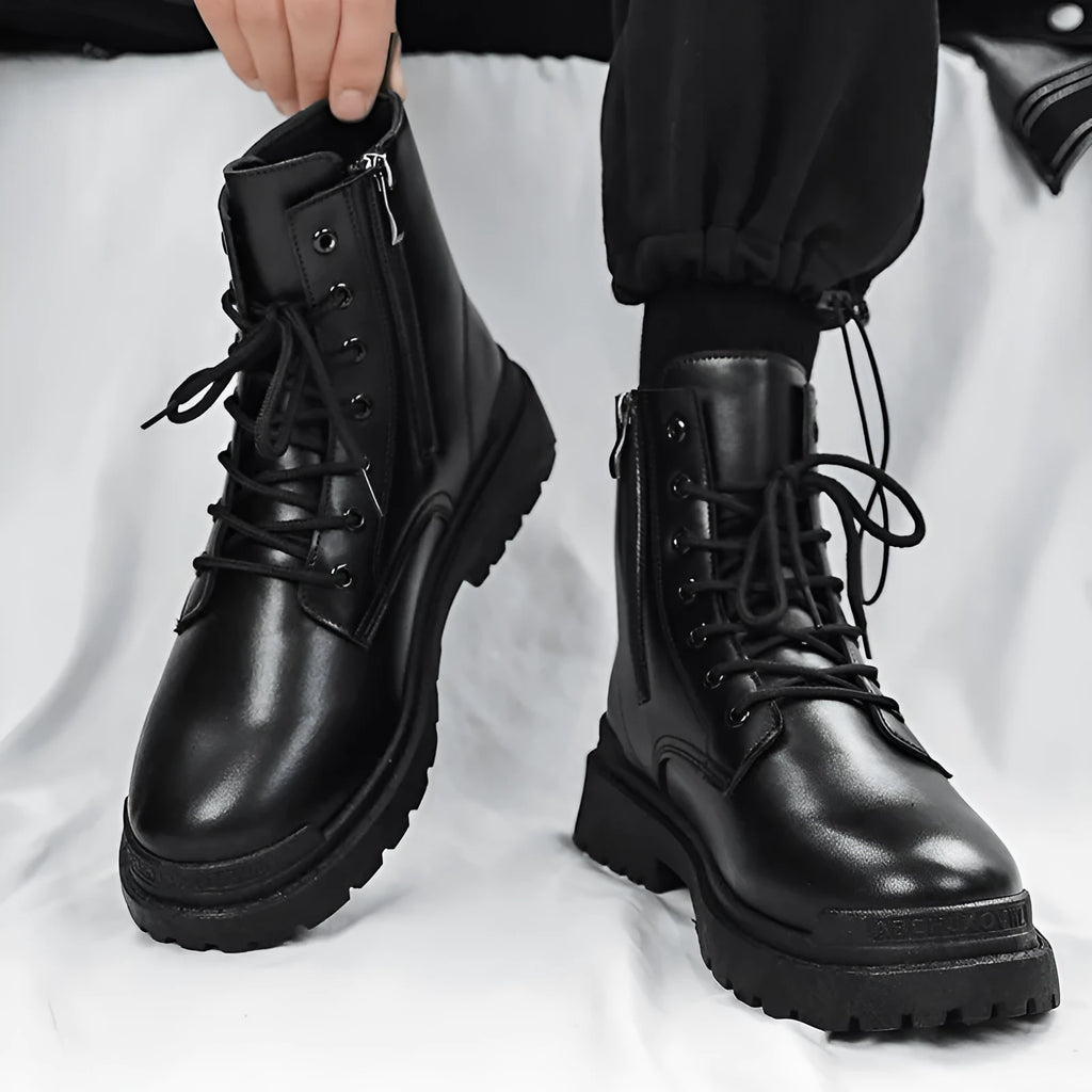 Men's black mid-top waterproof boots with flat rubber sole and PU upper