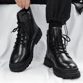 Men's black mid-top waterproof boots with flat rubber sole and PU upper