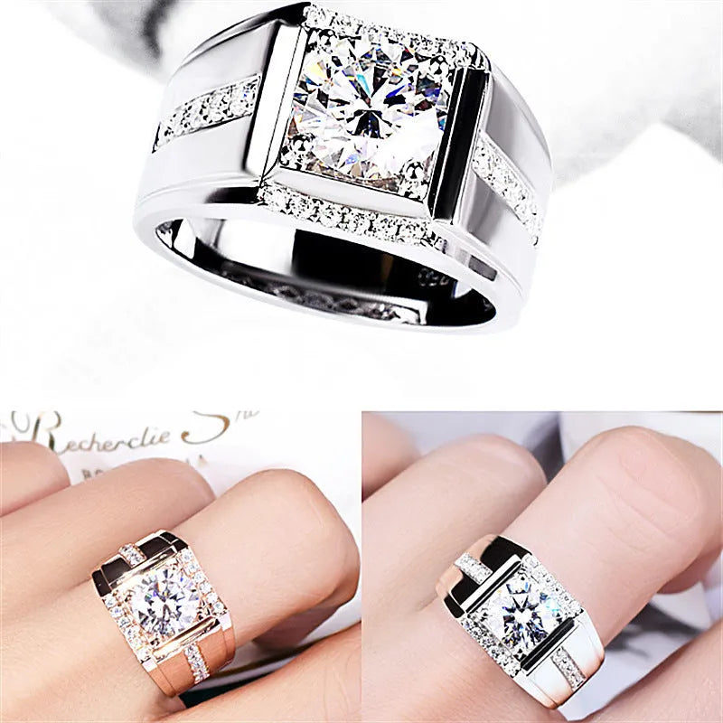 Men's adjustable geometric diamond ring in rose gold finish on a hand.