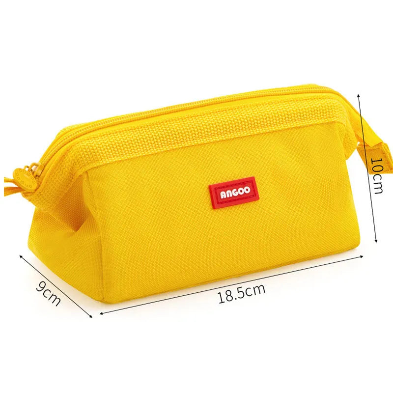 Large canvas pencil case with double zipper in yellow, black, and dark blue colour options
