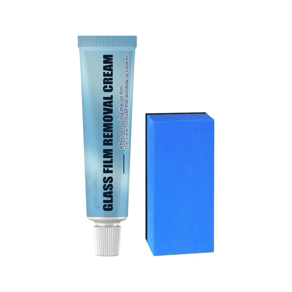 Blue sponge applicator and tube of car window oil film remover for glass decontamination