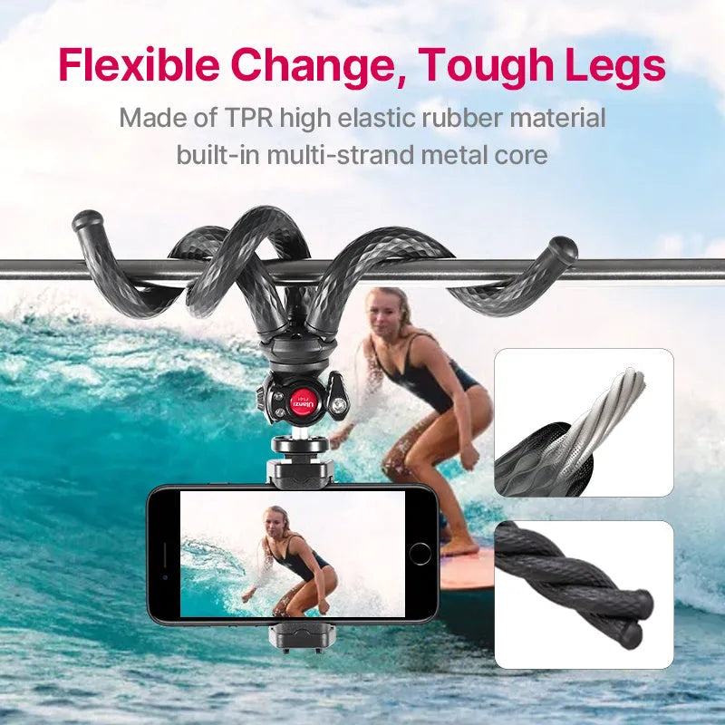 Black octopus-style flexible tripod and phone clip set on a white background.