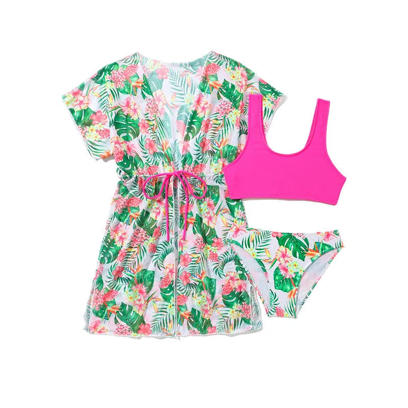 Girls' three-piece swimsuit set with floral pattern and overskirt for swimming activities