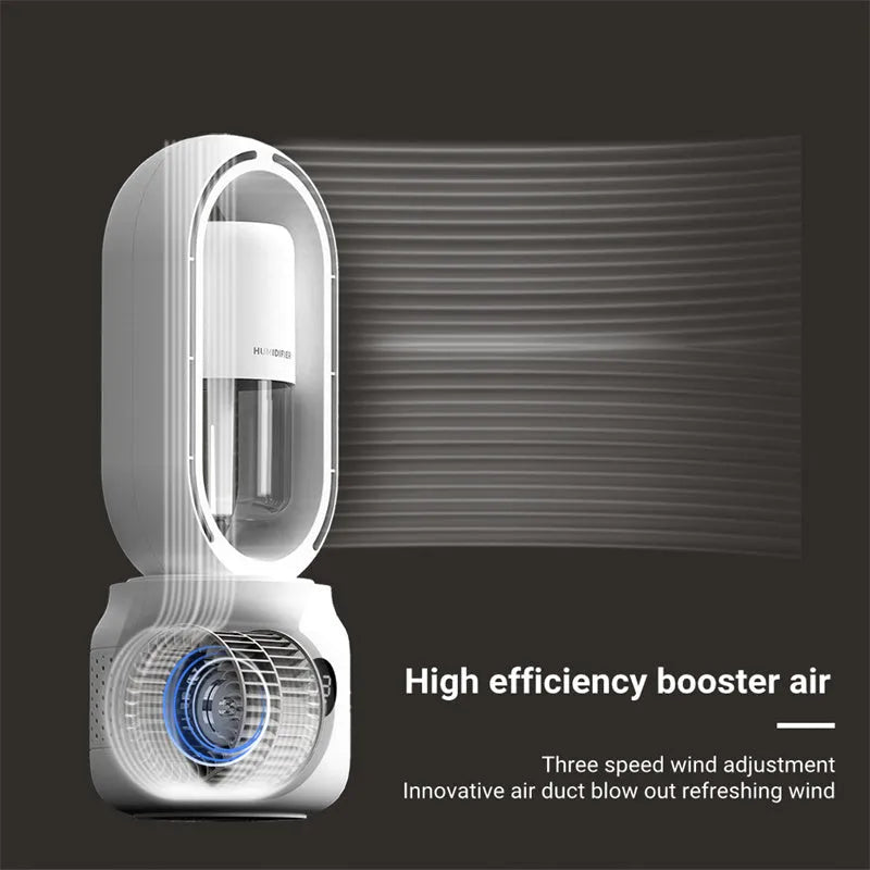 White bladeless table fan with humidifier tank on desk showing up-down oscillation
