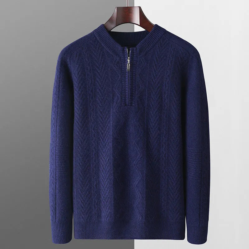 Men's loose fit wool sweater with diamond pattern and half-zip front in light camel colour