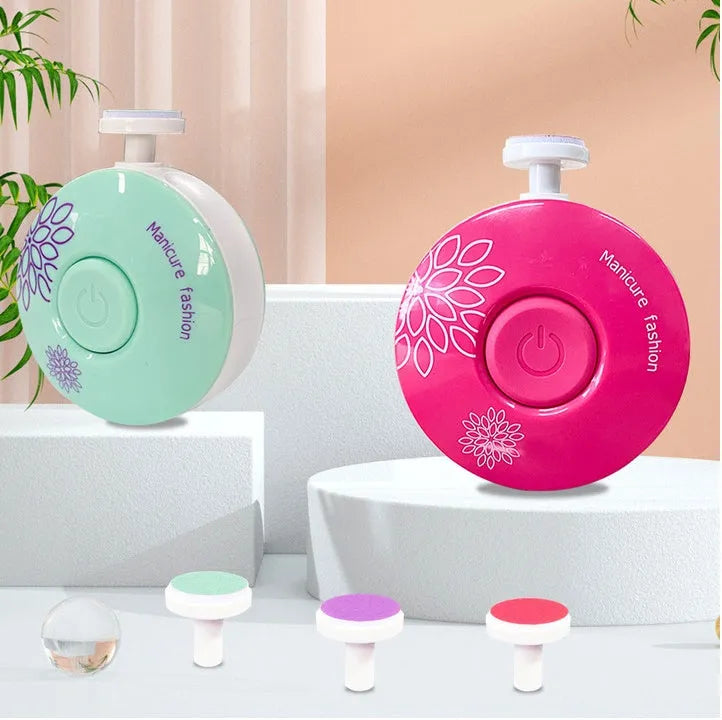 Red and green baby electric nail polisher sets with multiple grinding heads for infant and adult nail care.