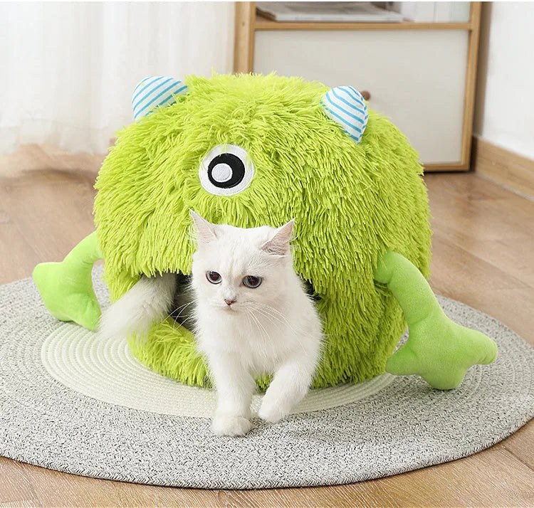 Fluffy round plush cat bed with a non-slip base in three sizes: small, medium, and large.