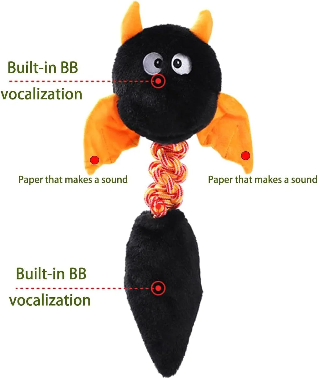 Soft plush dog toy with cartoon design, shown in green, red, or black colour.