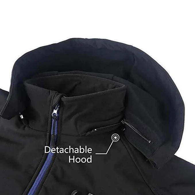 Black men's winter waterproof coat with zip pockets and long sleeves on a size chart.