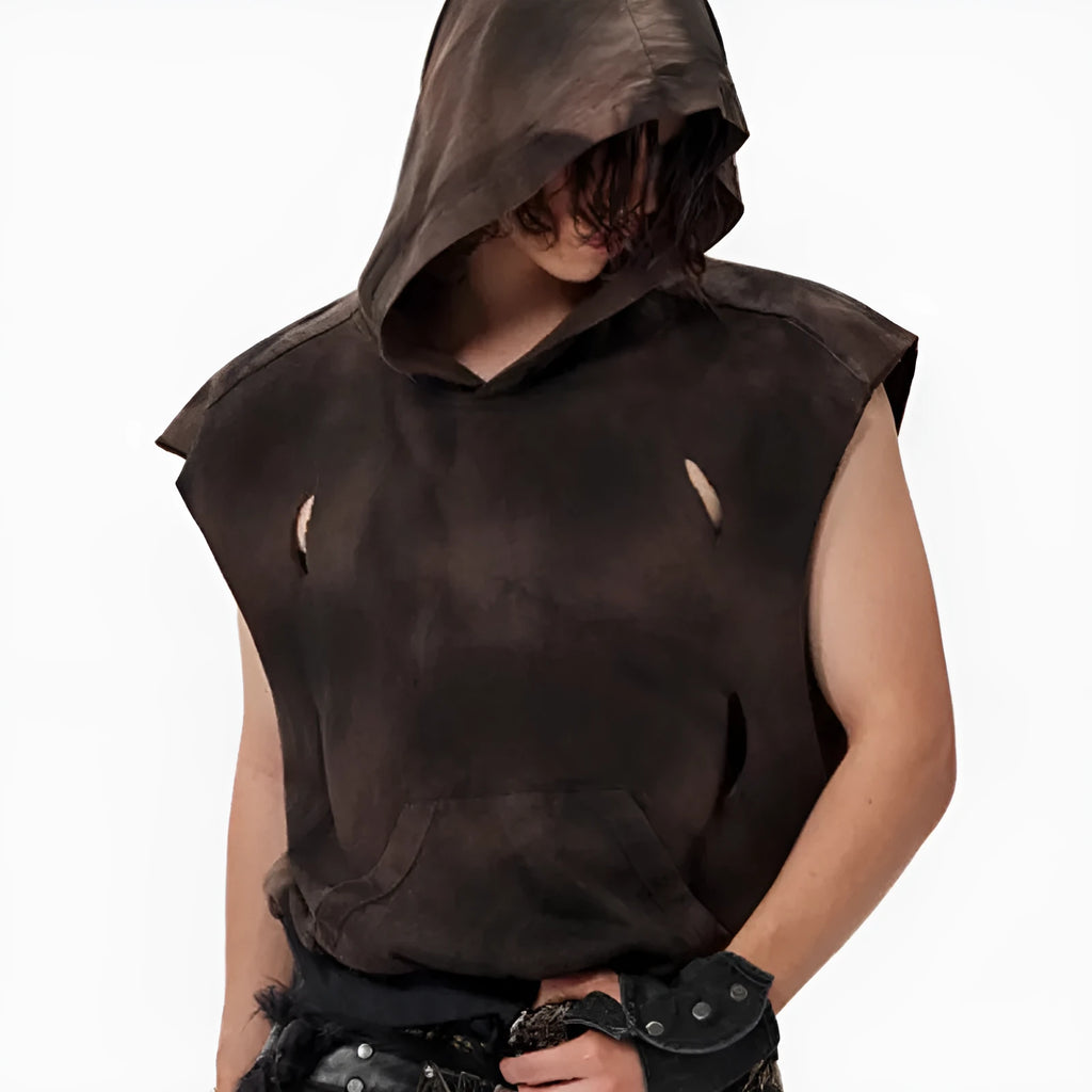 Khaki coloured cotton short sleeve hooded vest on hanger