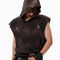 Khaki coloured cotton short sleeve hooded vest on hanger