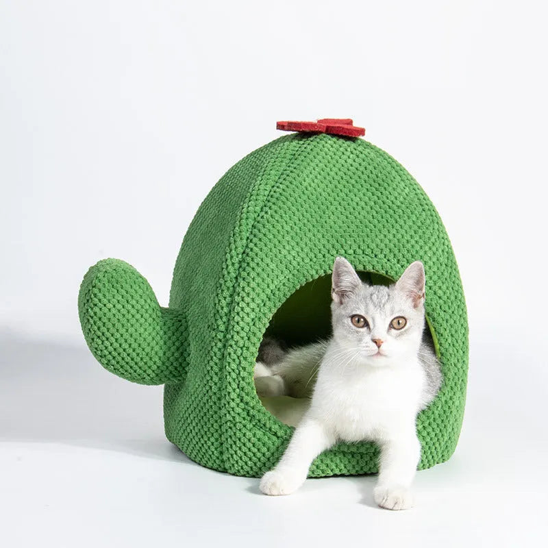 Green cactus-shaped enclosed pet bed cave for cats and small dogs