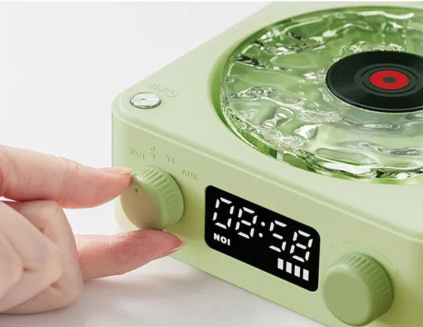 Blue retro turntable Bluetooth speaker with rotating disc and RGB light projection