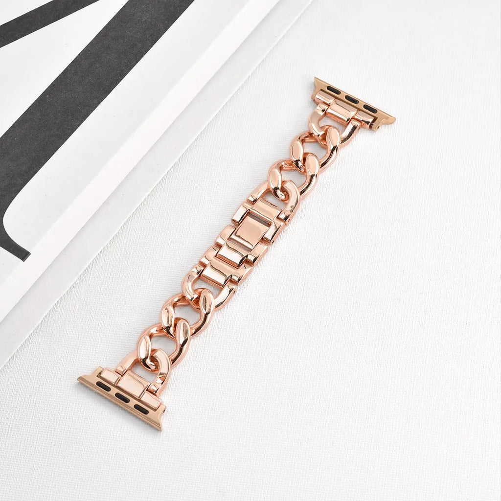 Metal denim chain link Apple Watch strap in silver, black, gold, rose gold and starlight colours.