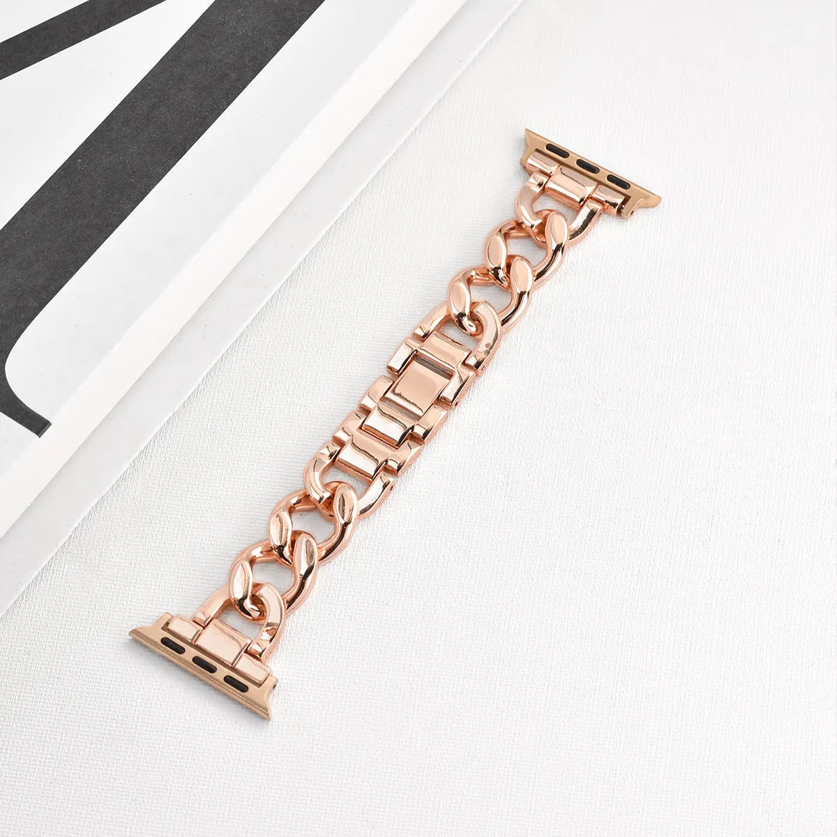 Metal denim chain link Apple Watch strap in silver, black, gold, rose gold and starlight colours.