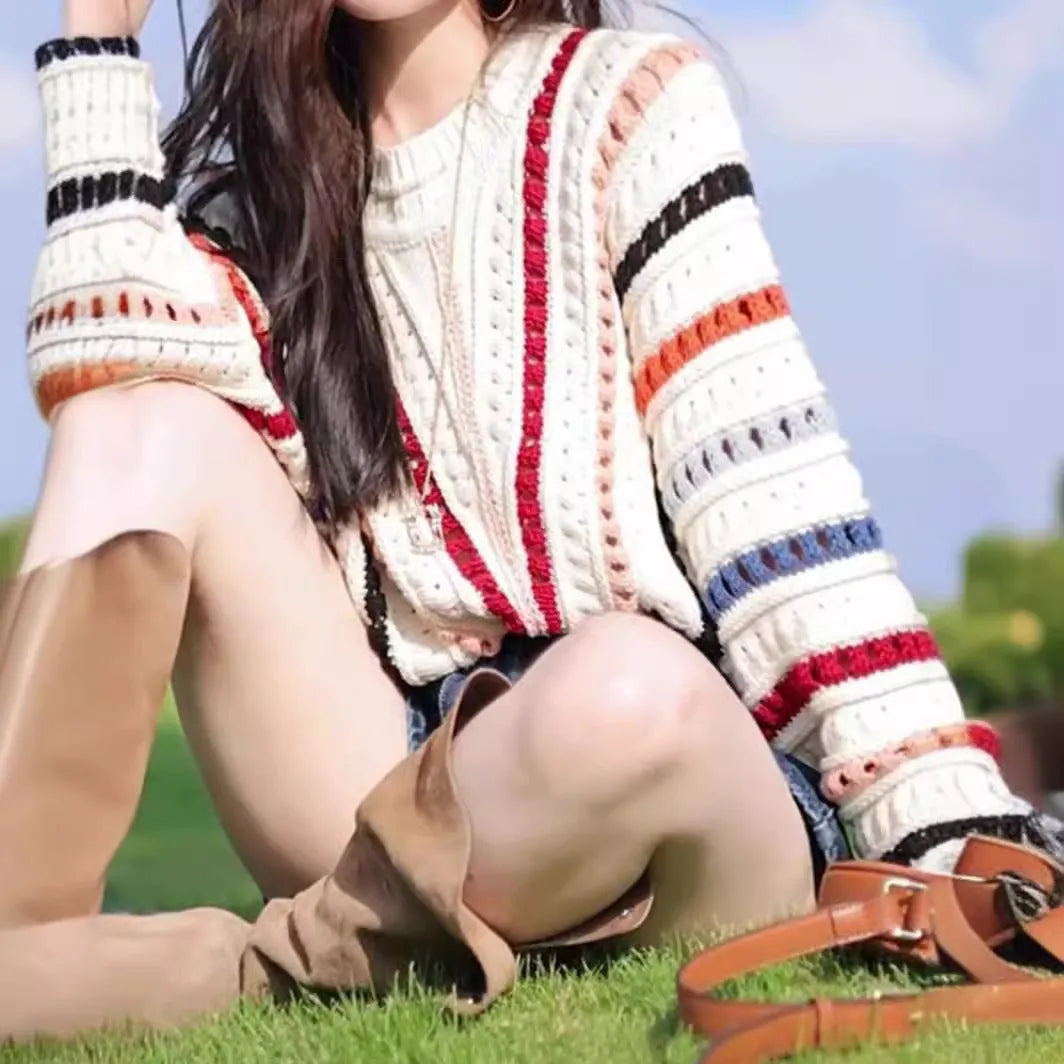 Rainbow striped loose fit sweater with batwing sleeves in round neck pullover style