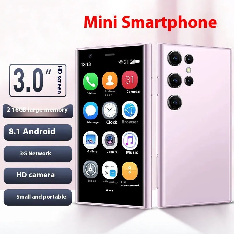 Black, green, and pink purple coloured mini Android smartphone with straight plate design on a white background.
