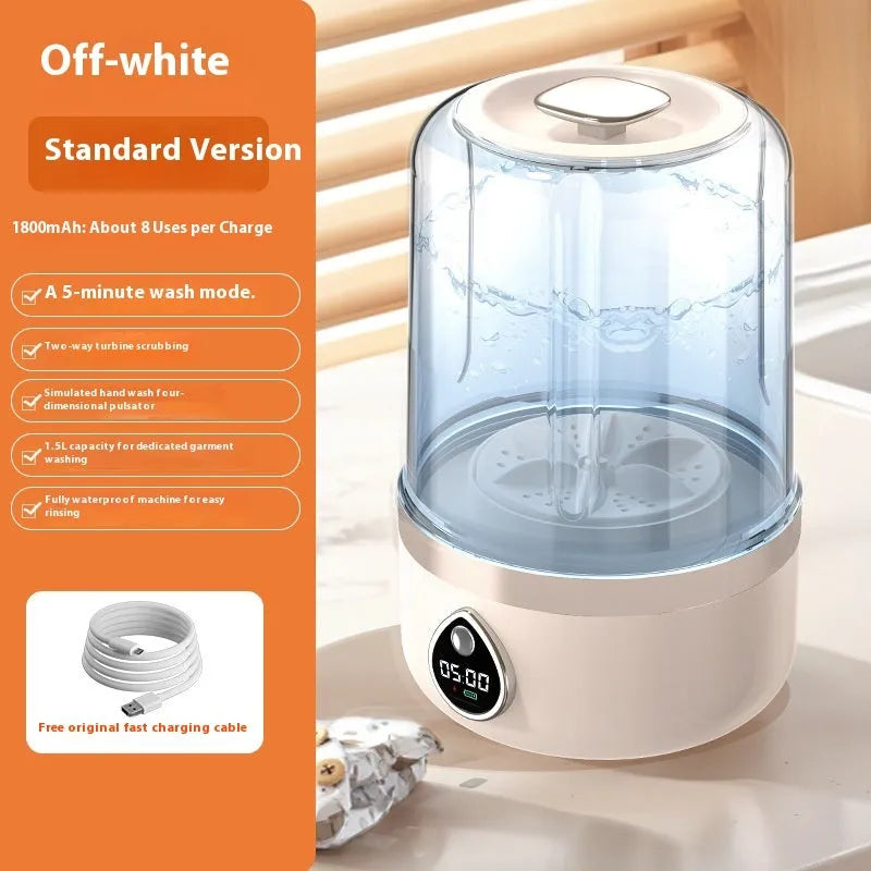Compact white portable USB mini washing machine on a countertop.
