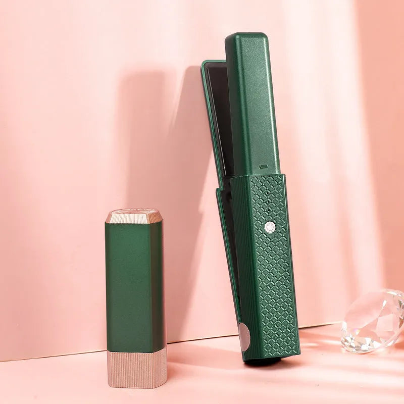 Pink and green mini cordless USB hair straightener and curler with ceramic plates.