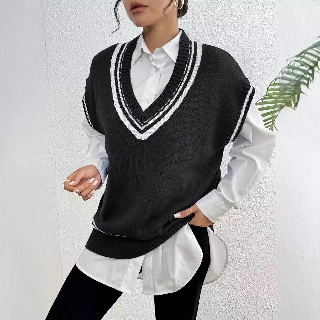 Women's loose fit college style vest sweater in black, blue, or coffee colour
