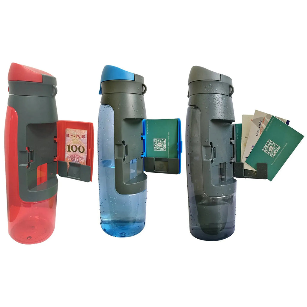 Black hidden security water bottle container with BPA-free lid on white background