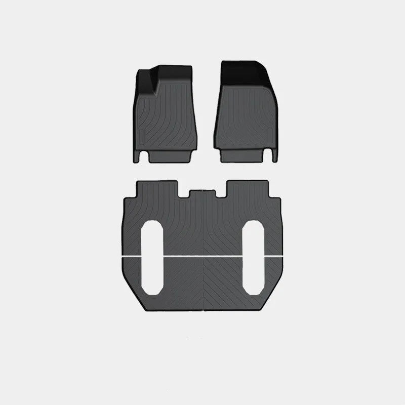 TPE waterproof foot pads for Tesla Model X showing front, rear, and tailbox mats