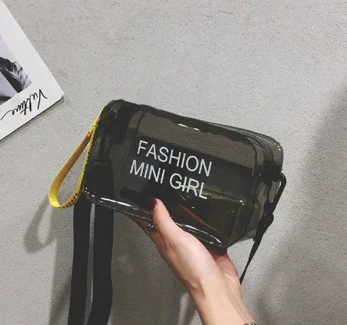 Transparent square jelly shoulder bag in multiple colours with an adjustable long strap.