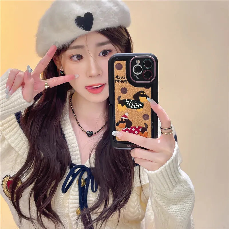 Sausage dog cartoon TPU phone case with brown bottom and sweater embroidery for iPhone