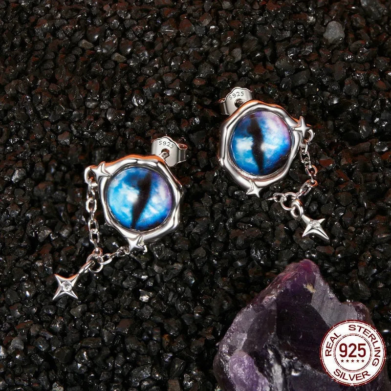 Mysterious retro blue devil eye stud earrings in S925 silver, 2.3cm high, 1.3cm wide, pair of earrings