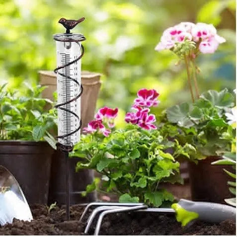 Cast iron bird ornament with glass rain measurement tube showing 0-800ml capacity scale