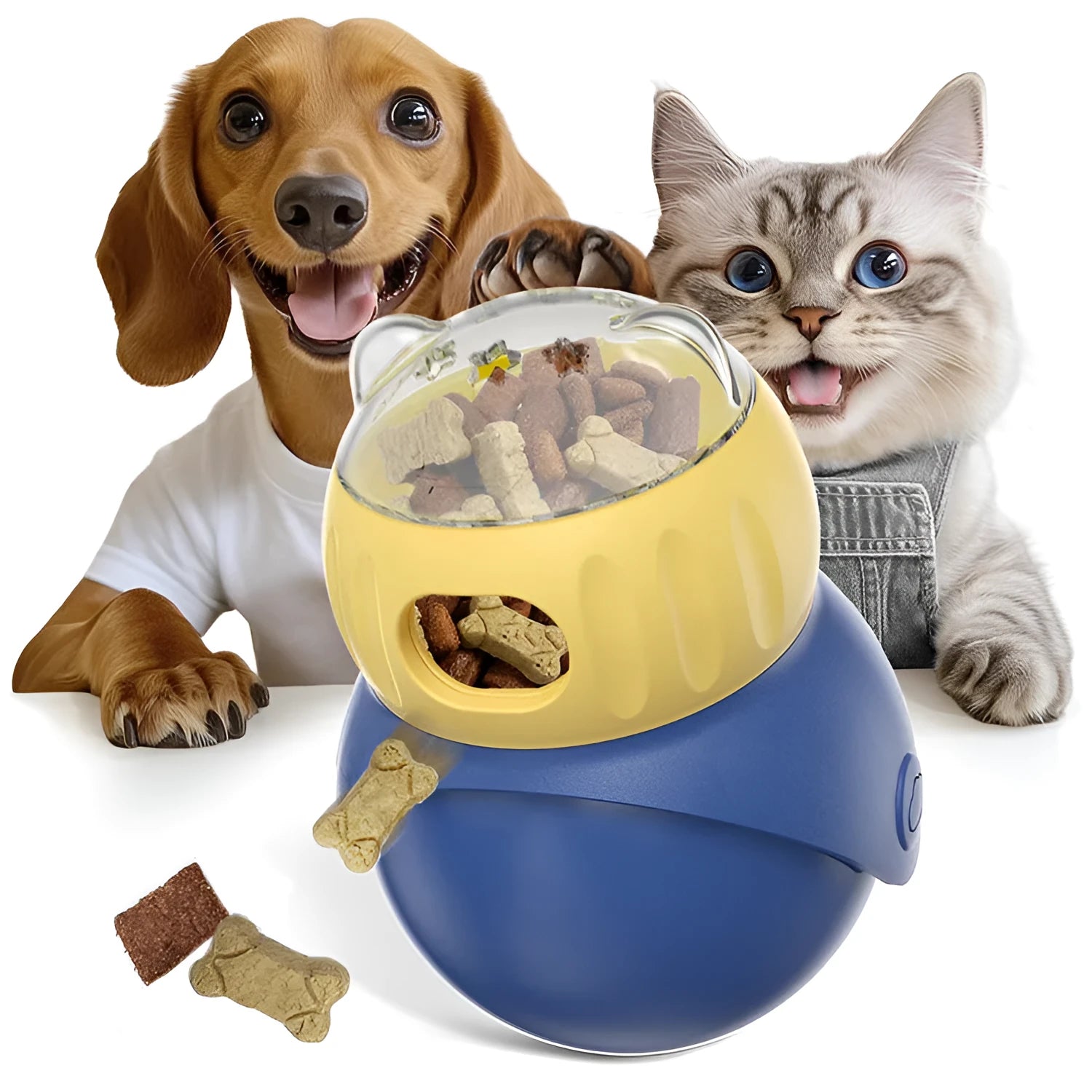Yellow and blue owl-shaped plastic tumbler cat puzzle feeder toy on a plain background.