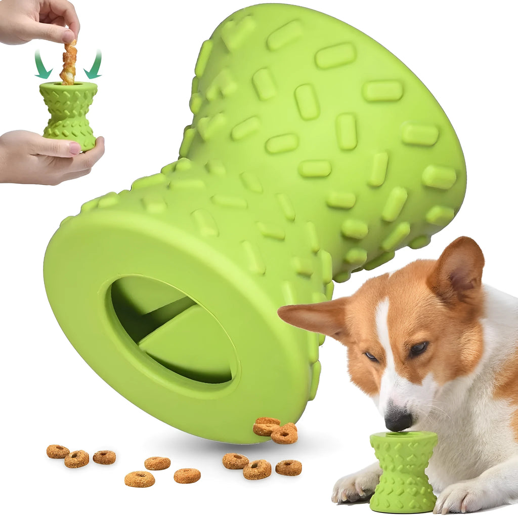 Blue interactive dog bone treat dispensing toy made from natural rubber for aggressive chewers