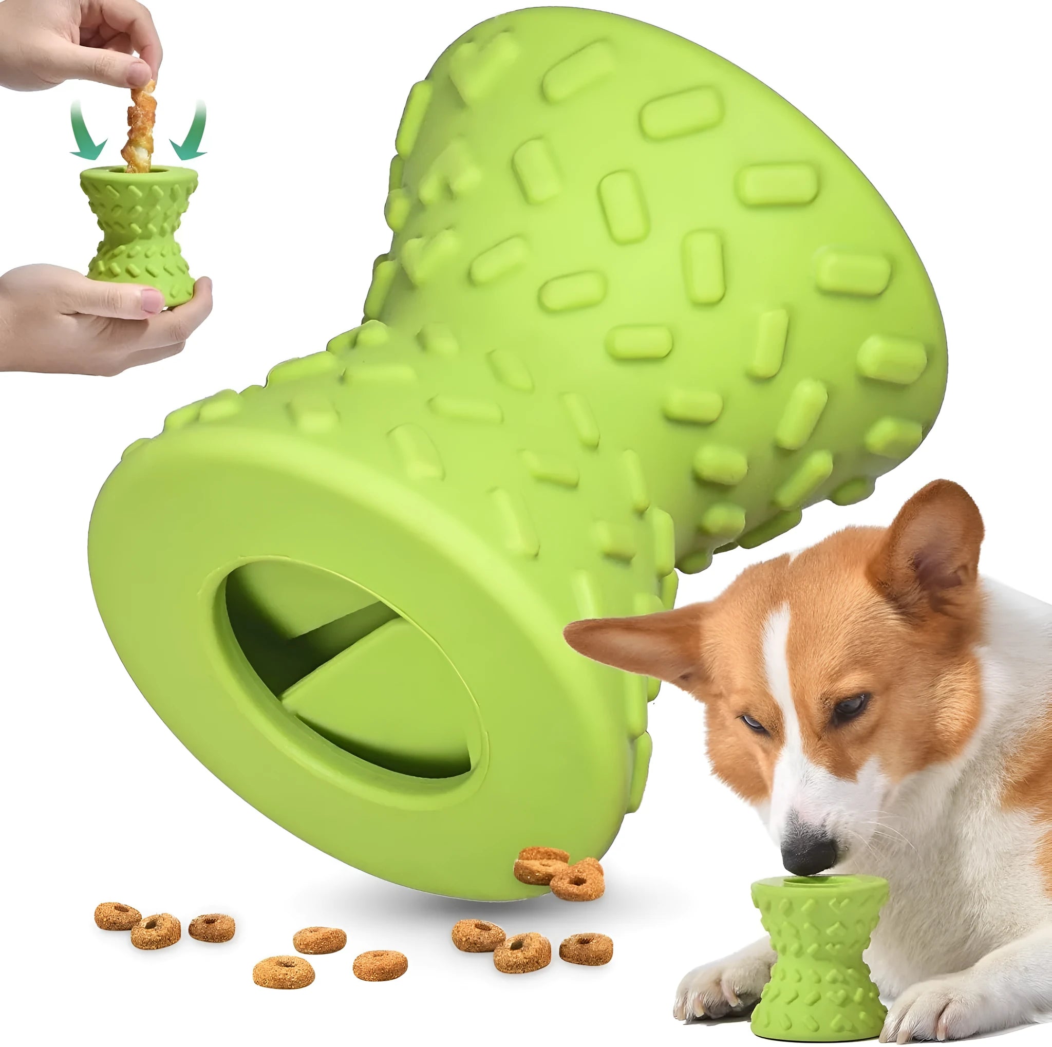 Blue interactive dog bone treat dispensing toy made from natural rubber for aggressive chewers