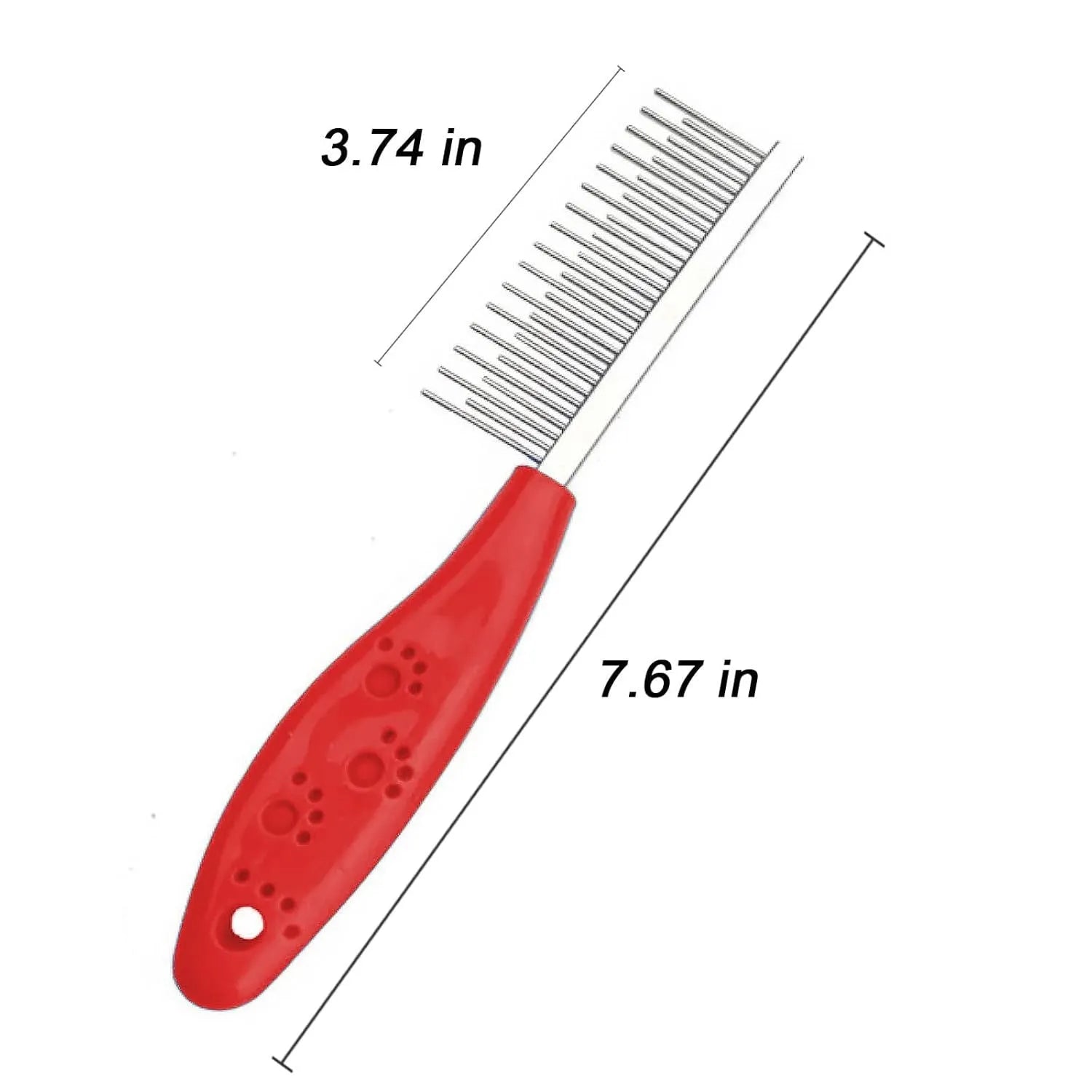 Dual-sided pet grooming comb with stainless steel short and long teeth and a red plastic handle.