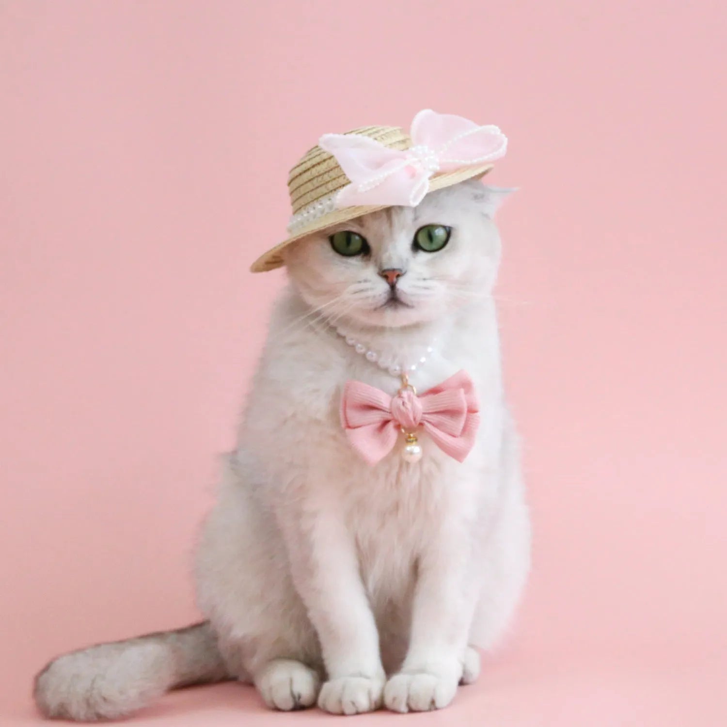 Woven straw hat with pearl bow decoration for cats, available in four colours and two sizes