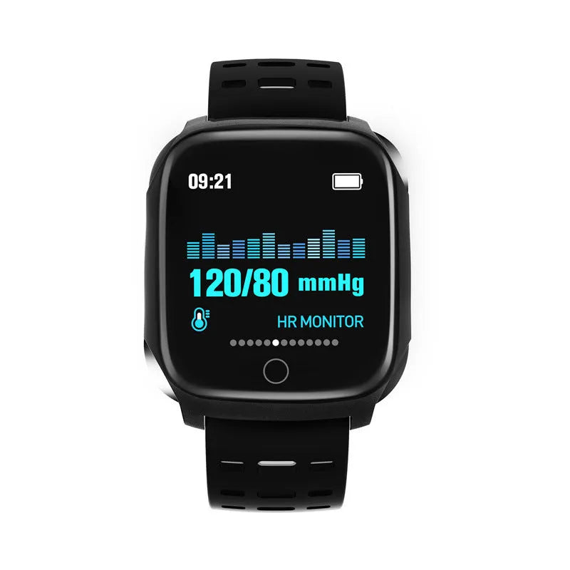F16 smart watch with ECG monitor on a silicone strap, showing black, grey, green, and red colour options