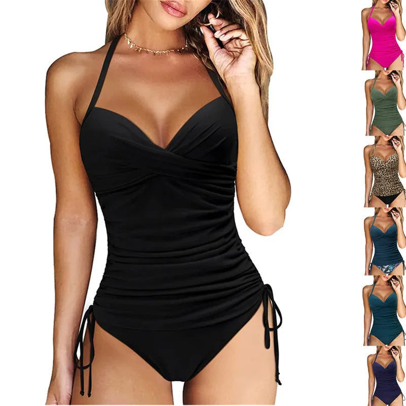Women's nylon bikini set with high-waisted briefs in solid colour patterns for swimming sports