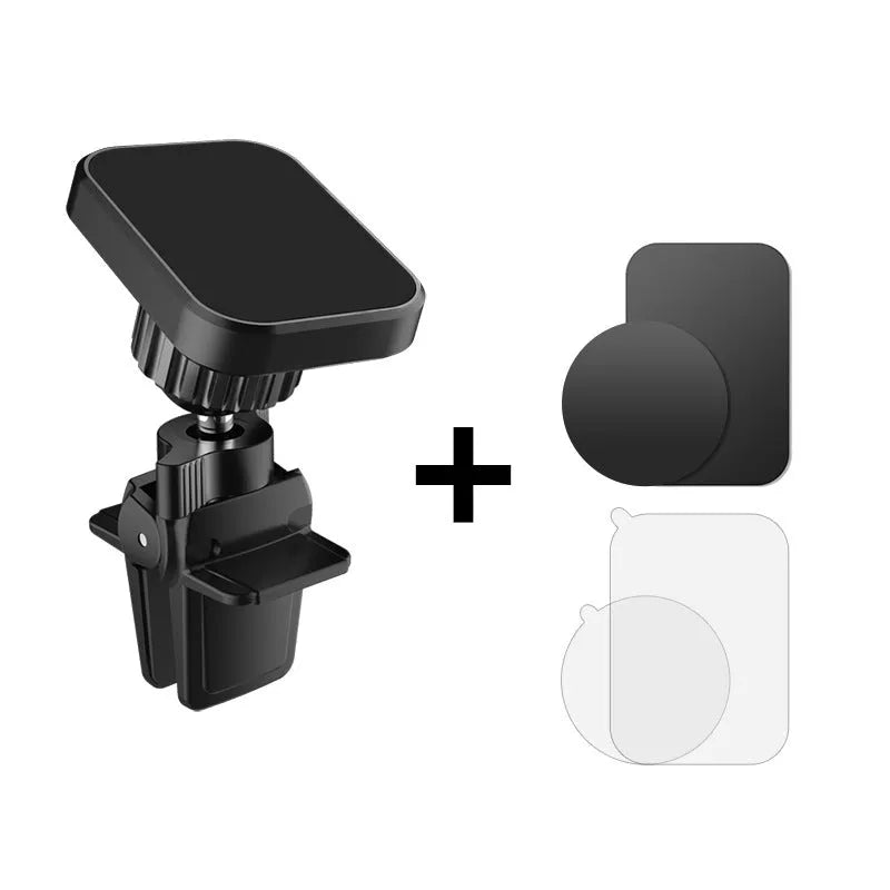 Black magnetic car phone holder mounted on vehicle air vent with adjustable baffle bracket