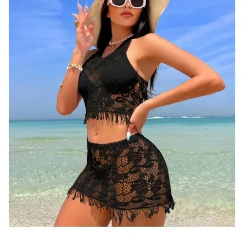 Women's white lace bikini top with black tassel cover-up skirt two-piece swimsuit set