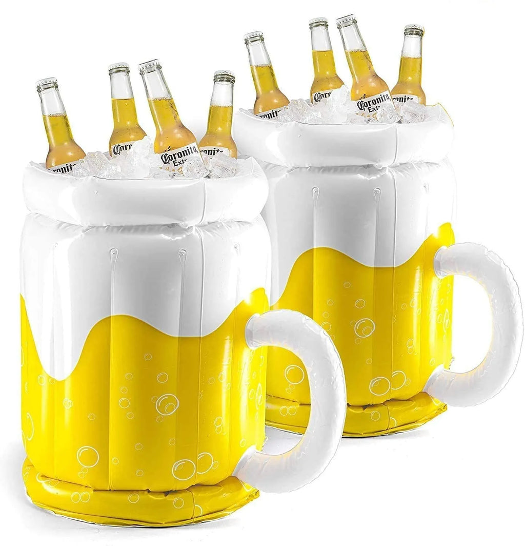 Large yellow inflatable beer mug cooler floating in a pool, showing its 44cm height and drink holders.