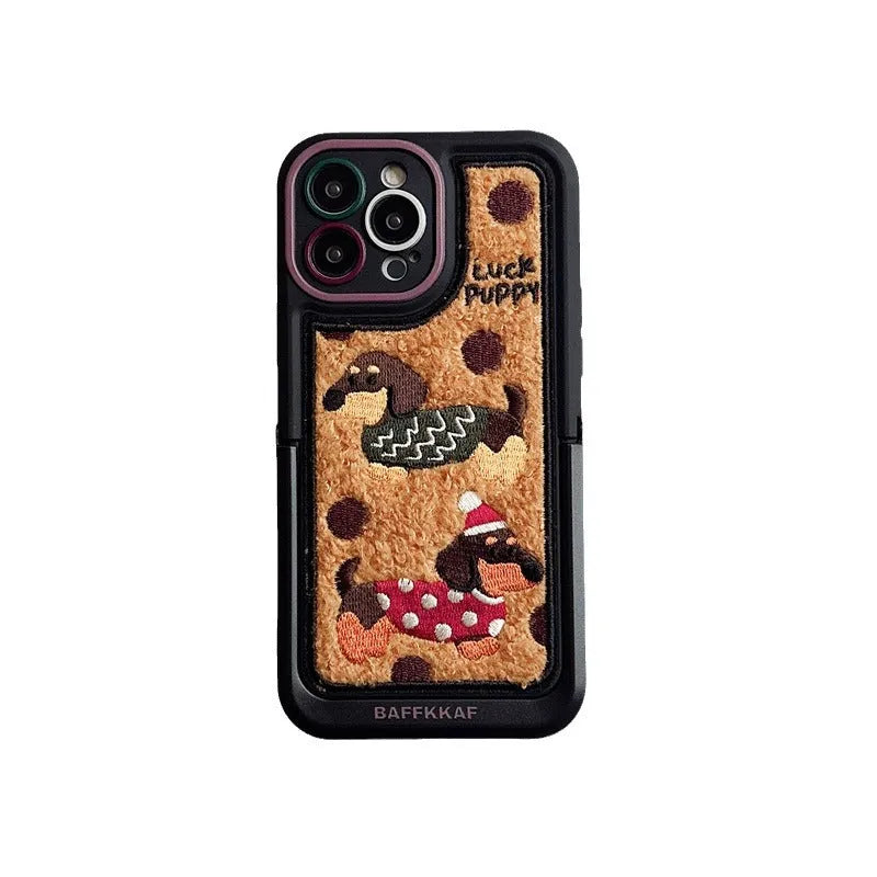 Sausage dog cartoon TPU phone case with brown bottom and sweater embroidery for iPhone