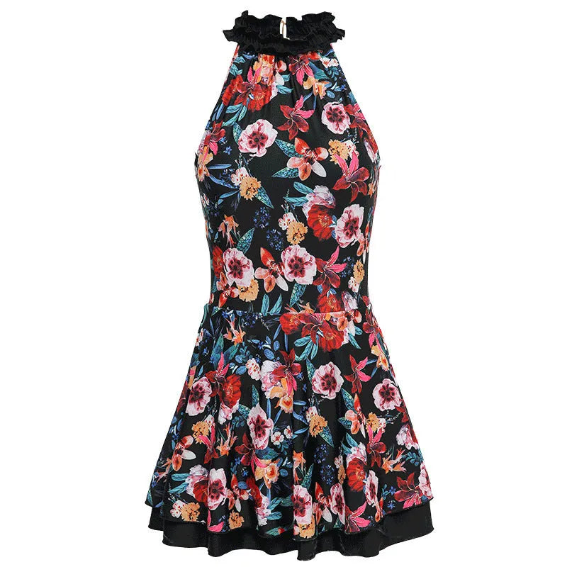 Black printed conservative one-piece swimsuit for women in nylon fabric