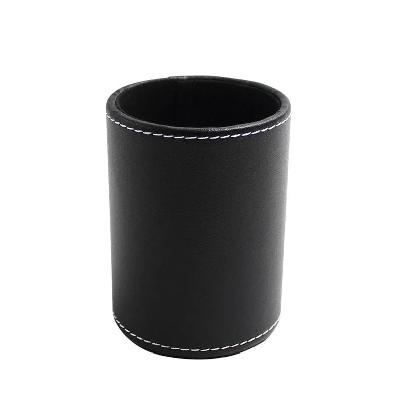 Round black leather pen container with 8.0cm diameter and 10.8cm height dimensions