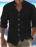 Men's casual linen button-up summer shirt in long-staple cotton on a hanger.